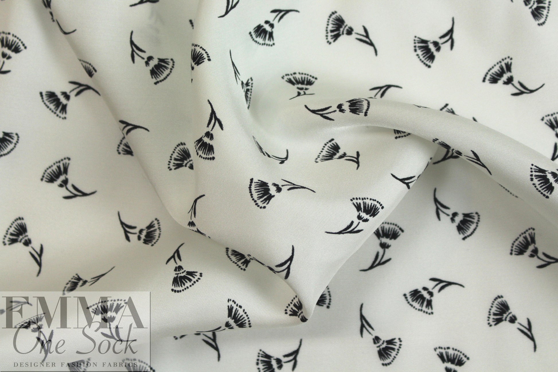 NY designer white with black flowers silk/viscose twill
