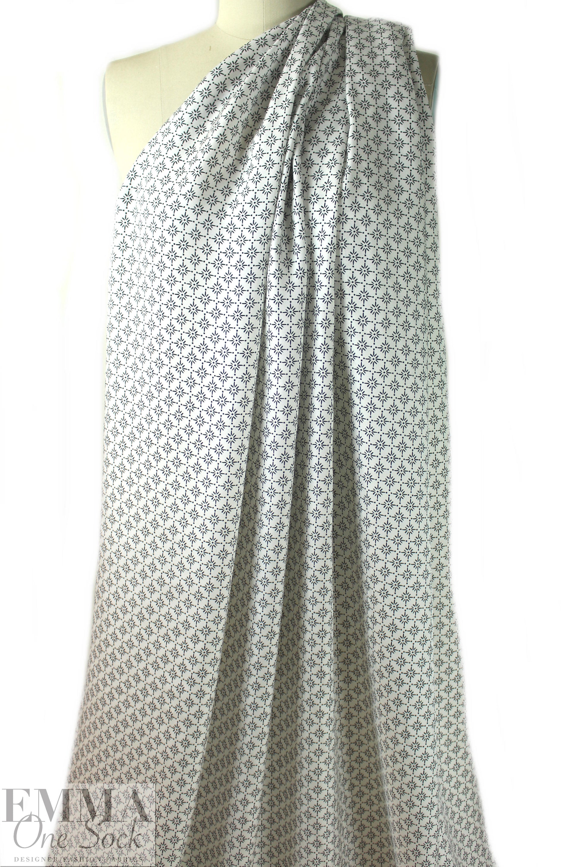 NY designer white with black star graphic silk/viscose twill