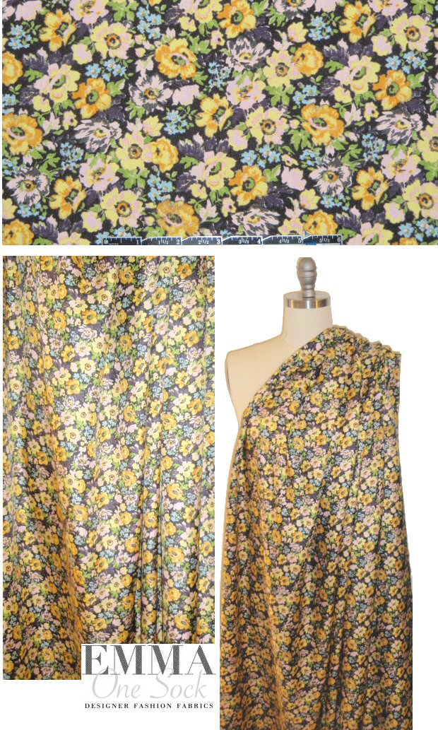 NY designer vintage flowers silk twill - lemon 1.5 yd