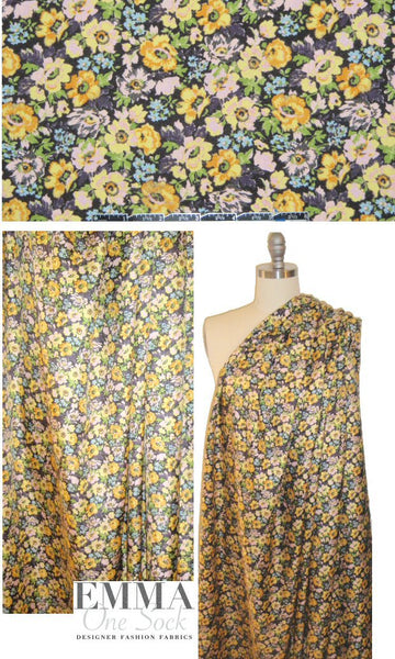 NY designer vintage flowers silk twill - lemon 1.5 yd