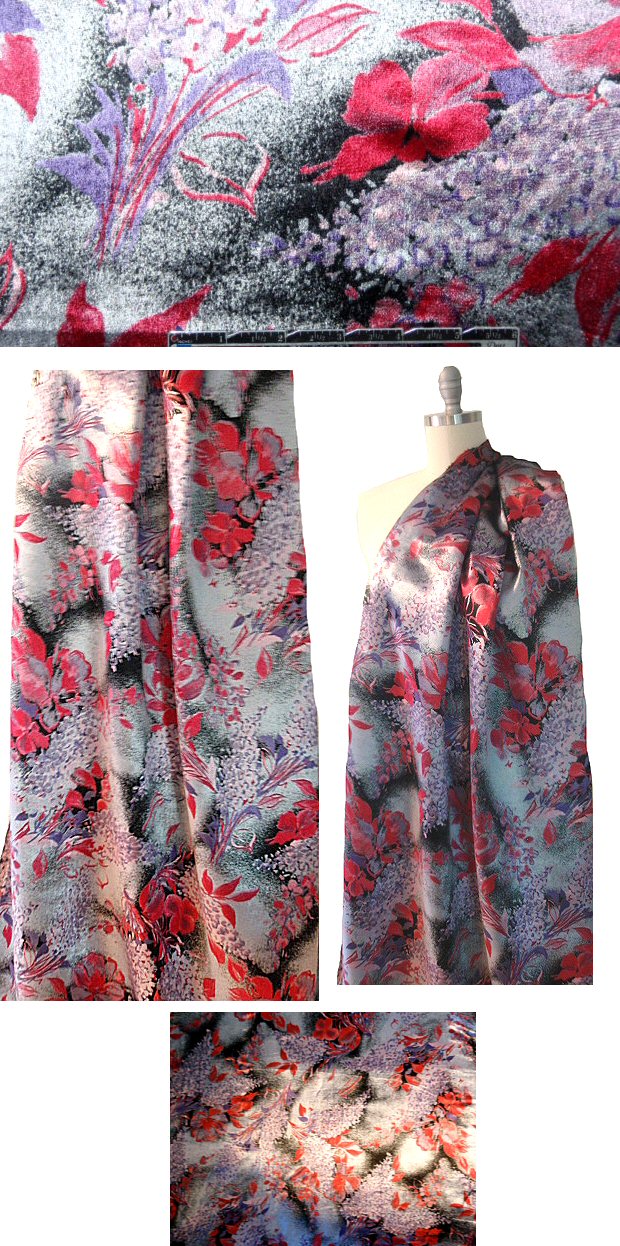 French exotic floral silk/rayon velvet - red/silver