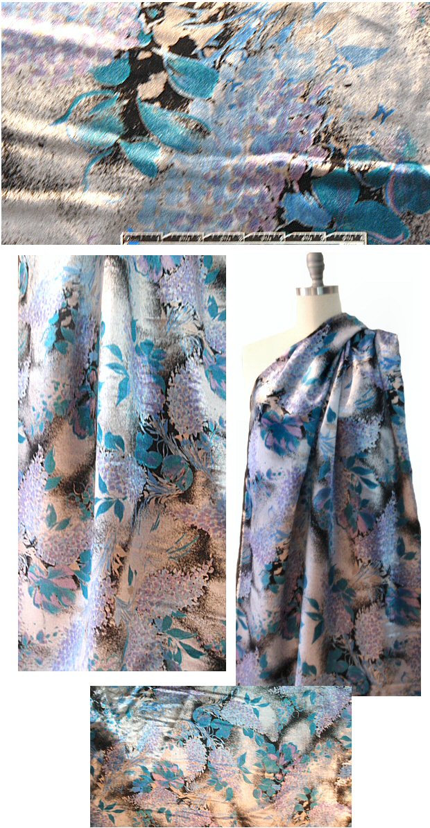 French exotic floral silk/rayon velvet - turq/silver