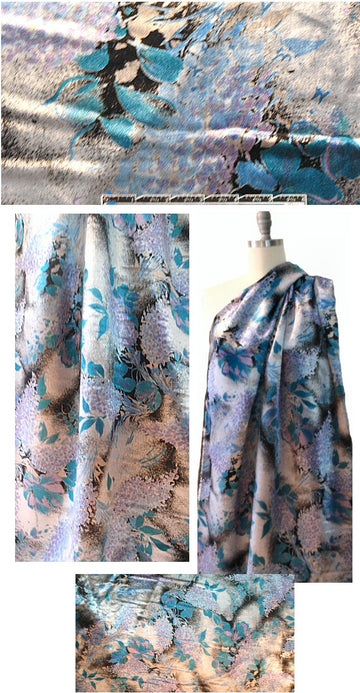 French exotic floral silk/rayon velvet - turq/silver