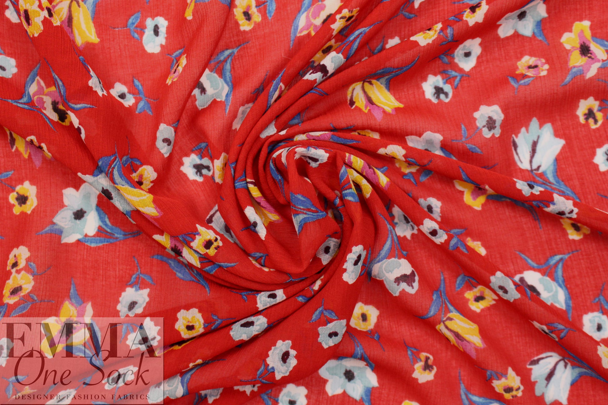 Italian red with flowers crinkle silk/viscose woven 1.125 yds