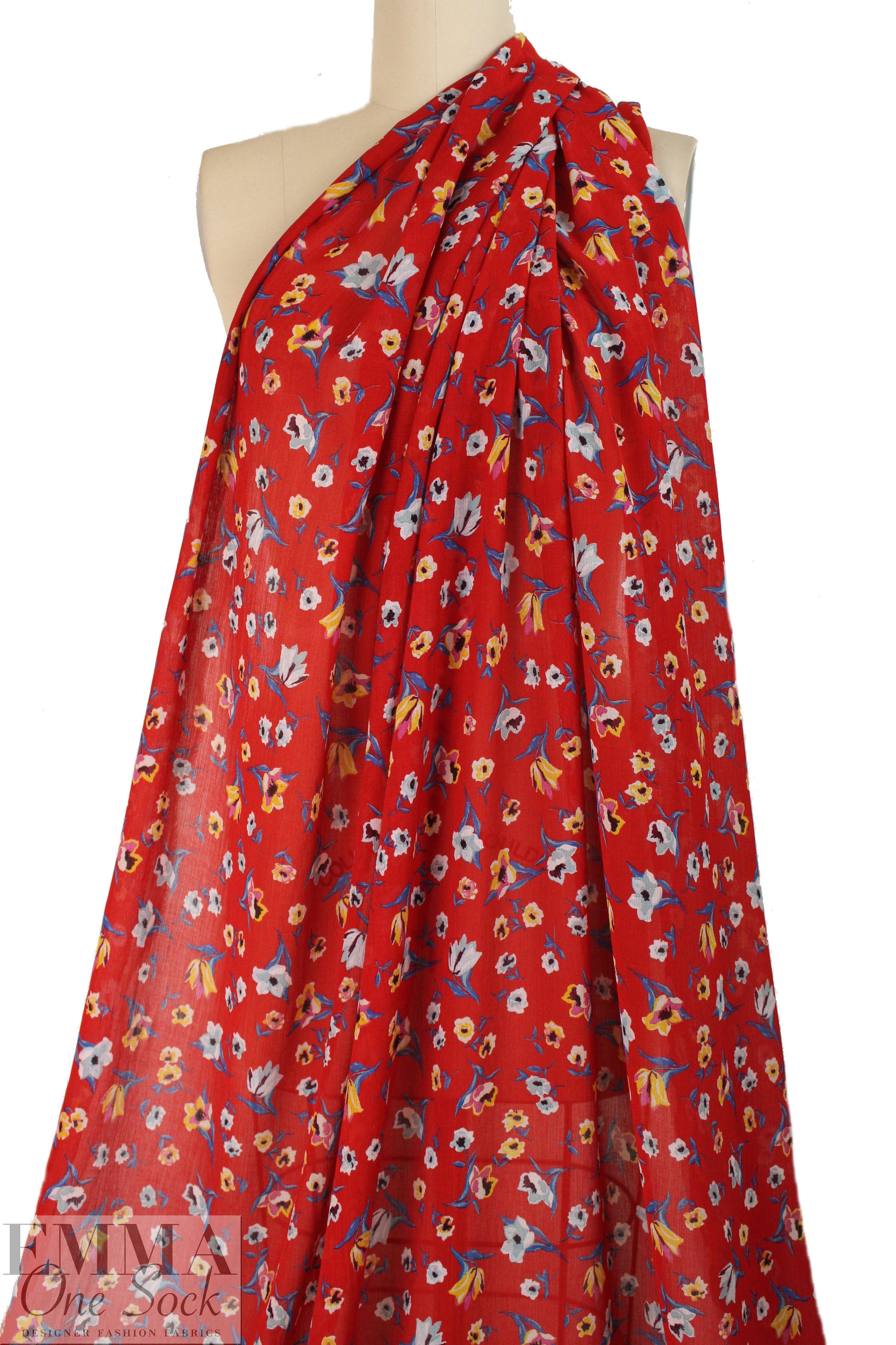 Italian red with flowers crinkle silk/viscose woven 1.66 yd