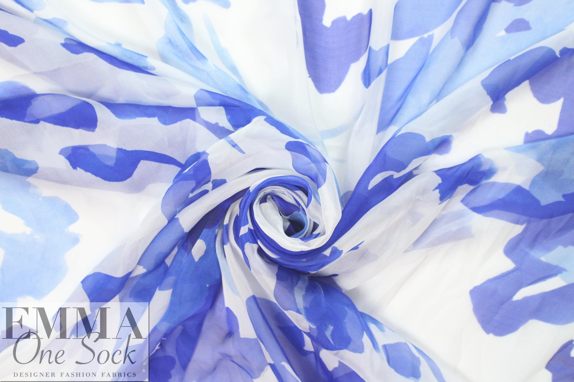 Caroline C0nstas abstract blues on white silk voile