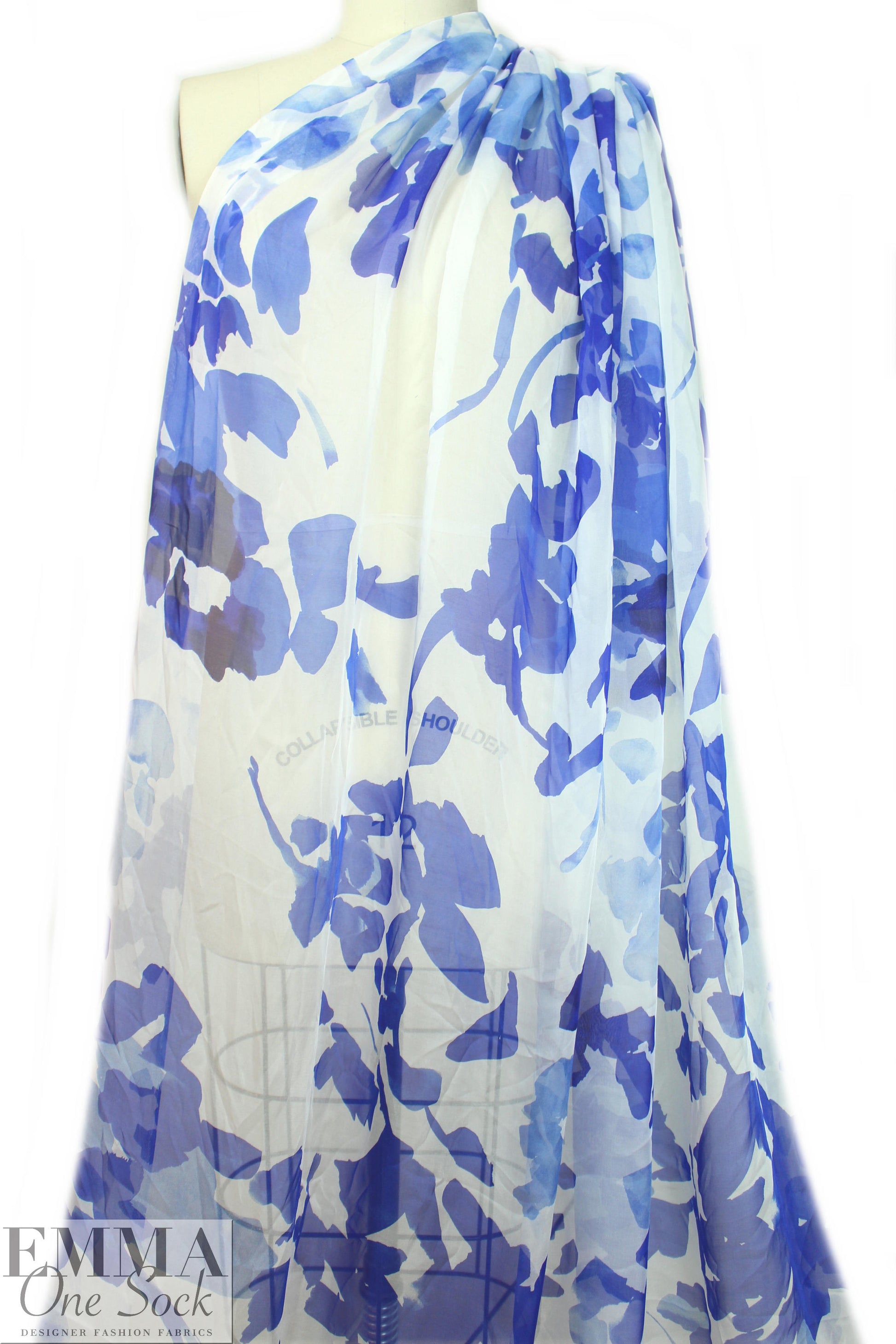 Caroline C0nstas abstract blues on white silk voile