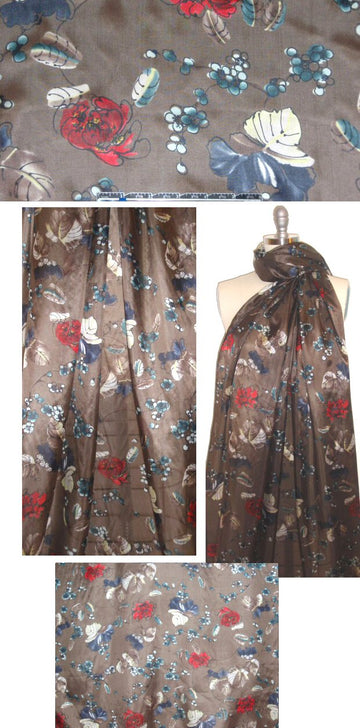 NY designer mocha with stylized flowers silk voile