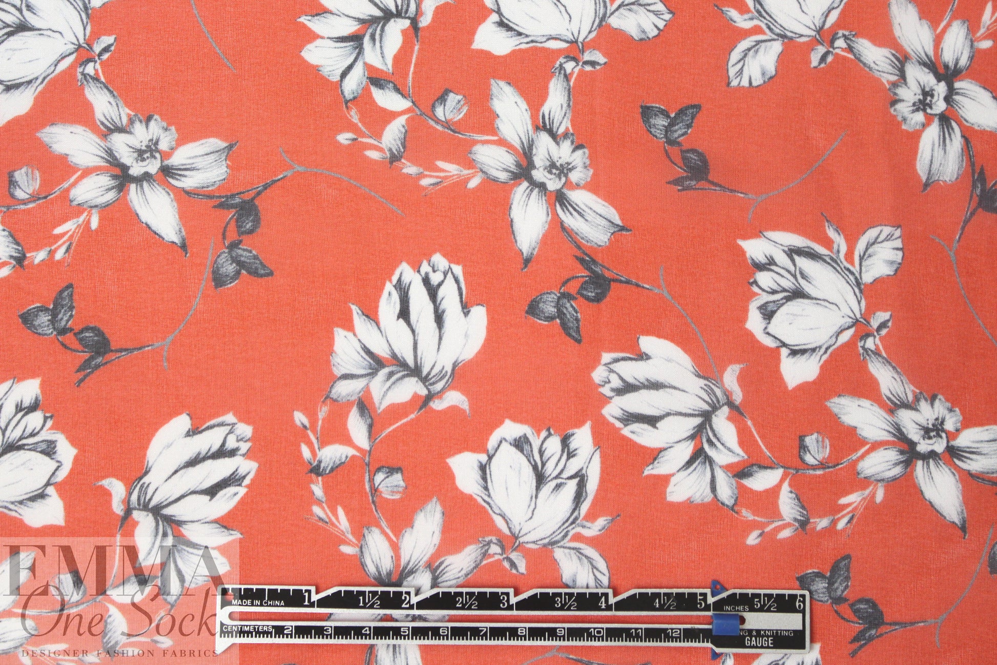 Italian silk voile - b/w flowers on mandarin red