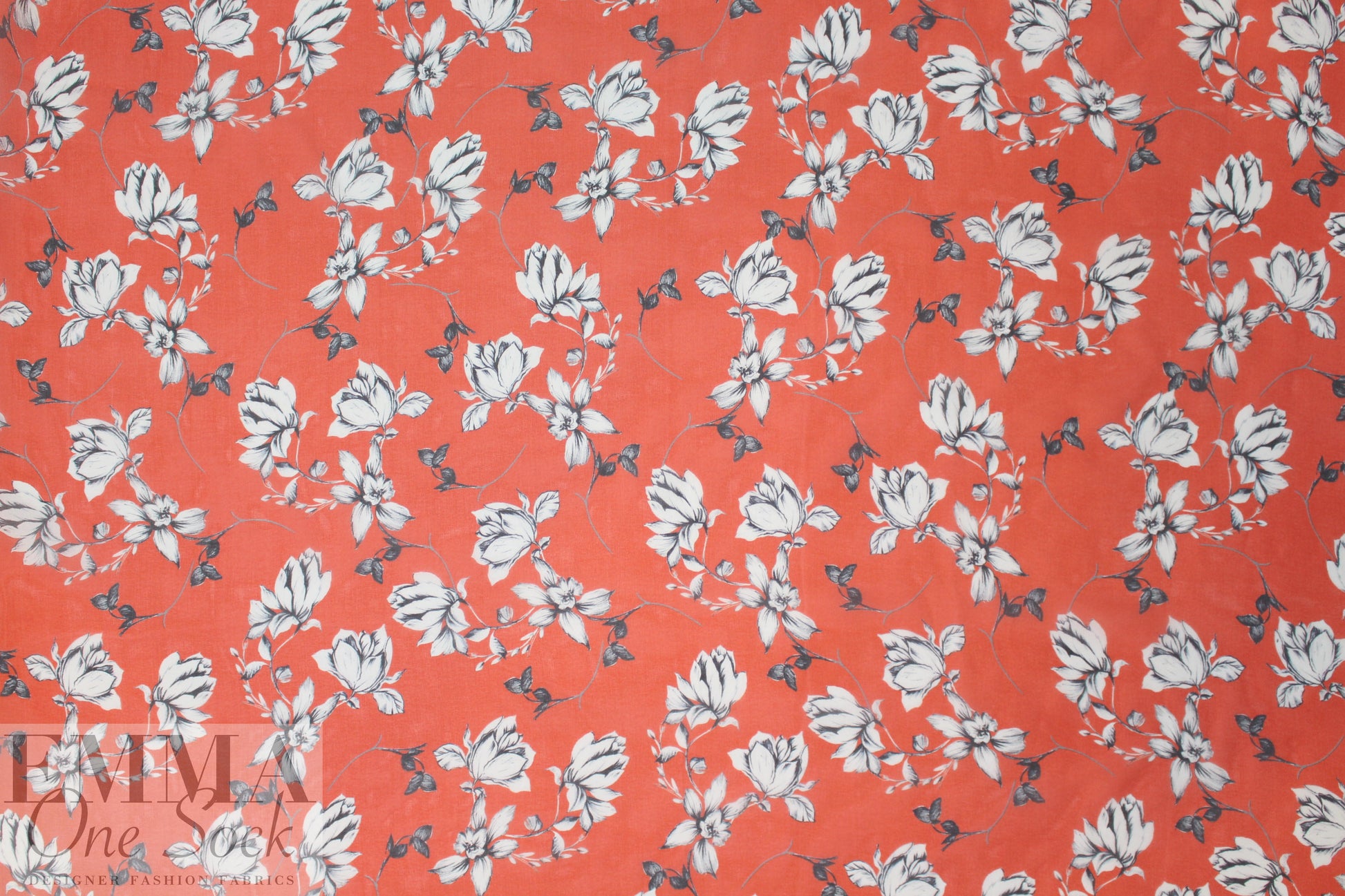 Italian silk voile - b/w flowers on mandarin red 1.75 yd