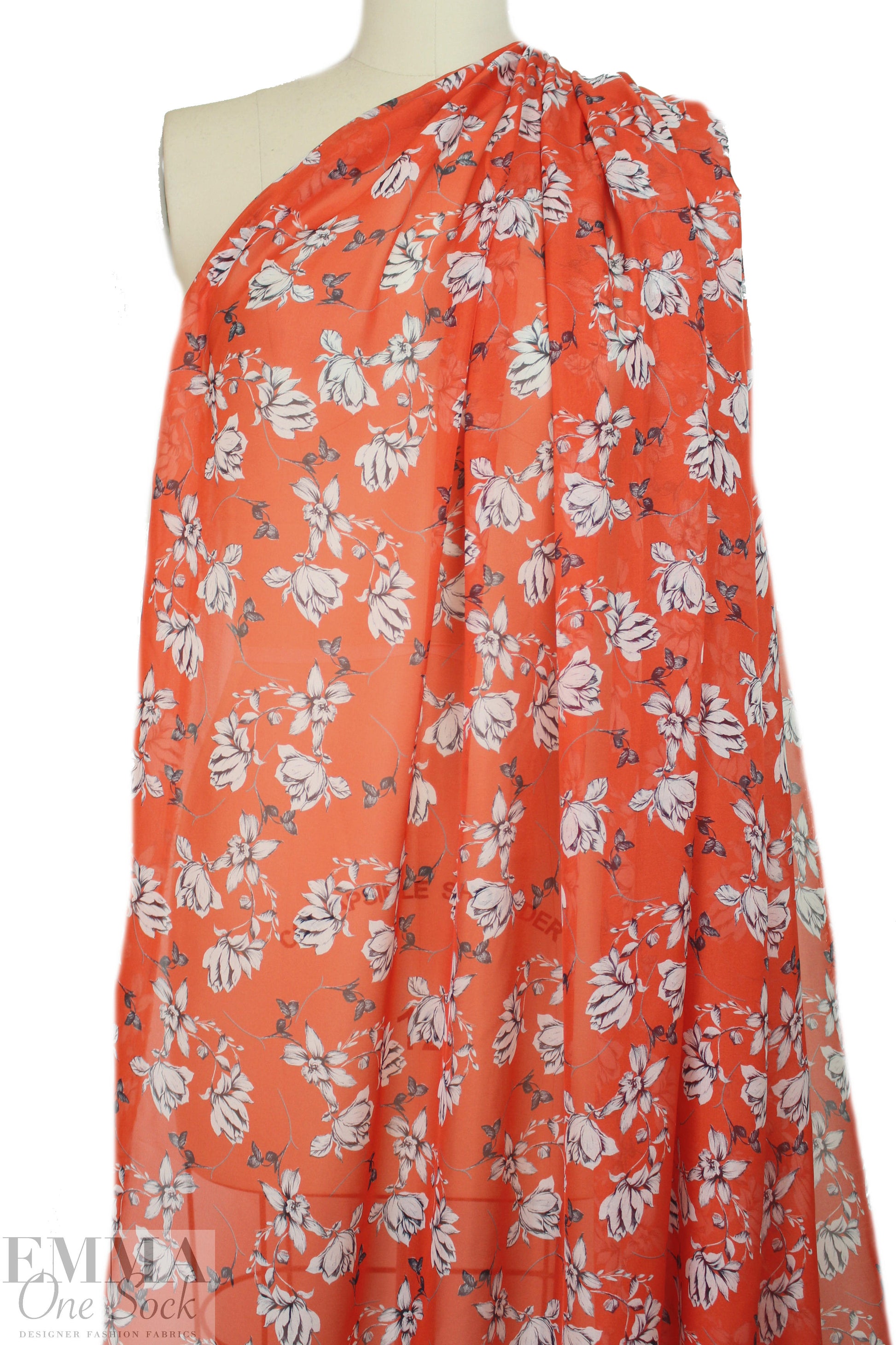 Italian silk voile - b/w flowers on mandarin red 1.75 yd