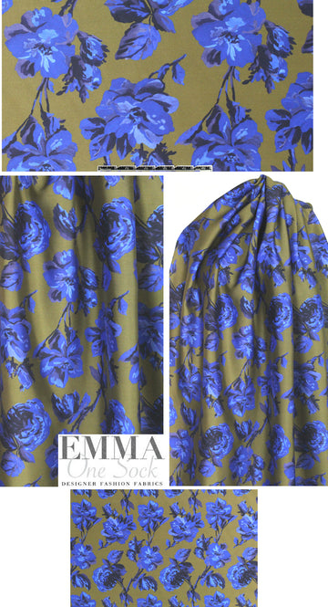 Whit NY olive/cobalt floral wool/silk woven