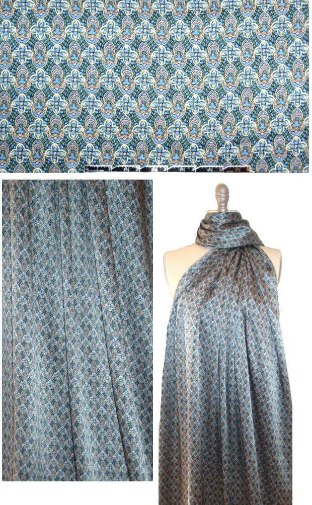 NY designer blue/green/peach graphic silk charmeuse