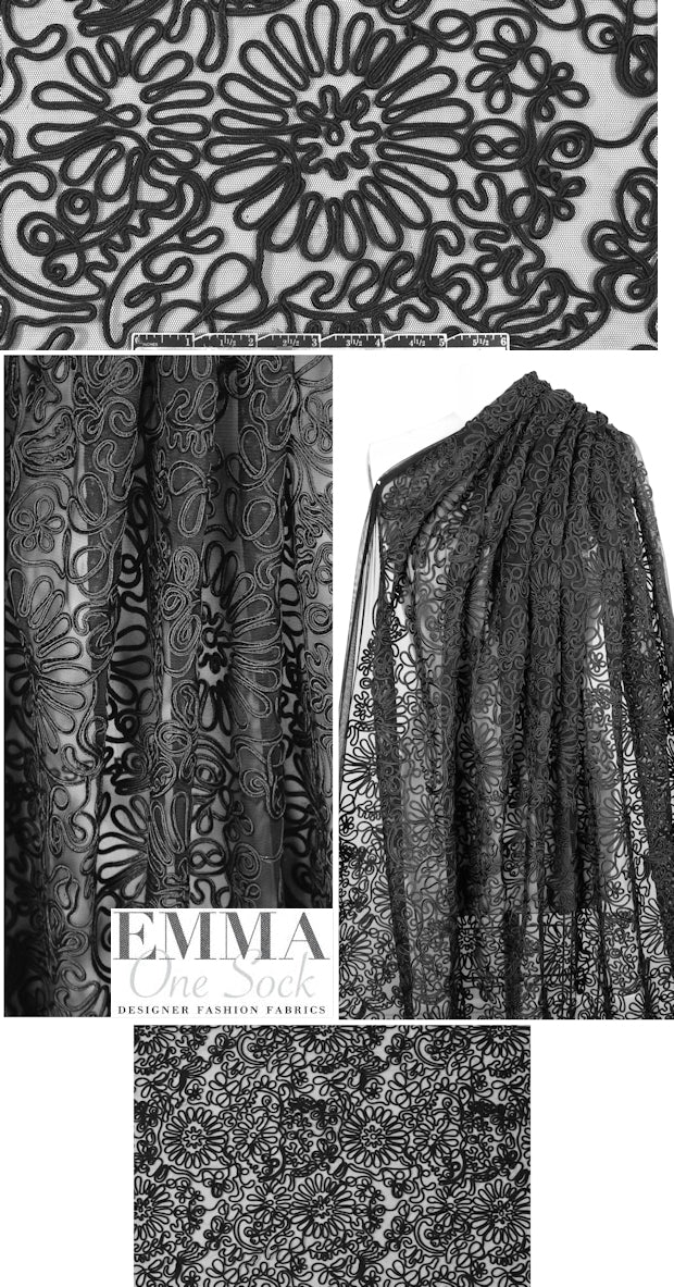NY designer black soutache emb. mesh lace