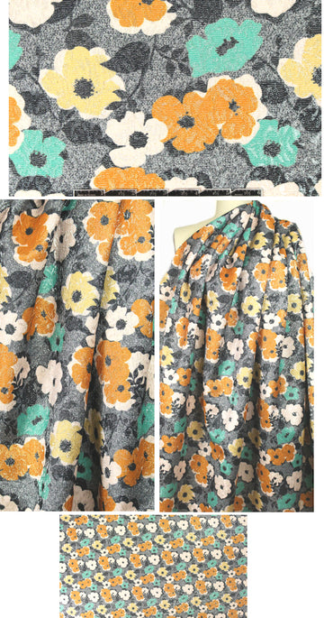 Italian sparkly flowers over-printed jacqu. - marigold/jade 1.375 yds