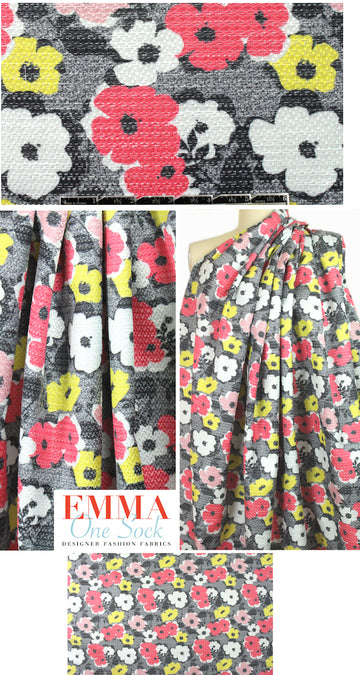 Italian sparkly flowers over-printed raffia - pink/lemon