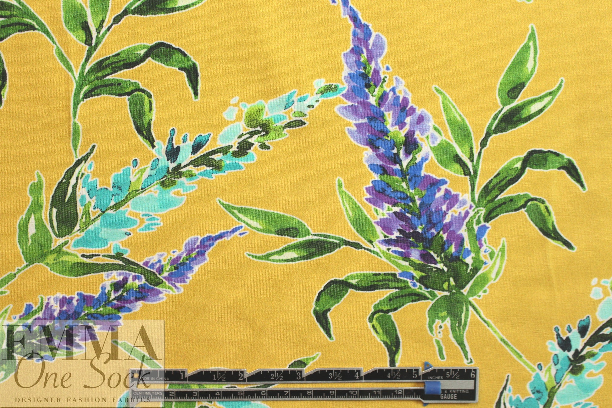 Dutch digital 'lupines on mustard' knit Oeko-Tex certified