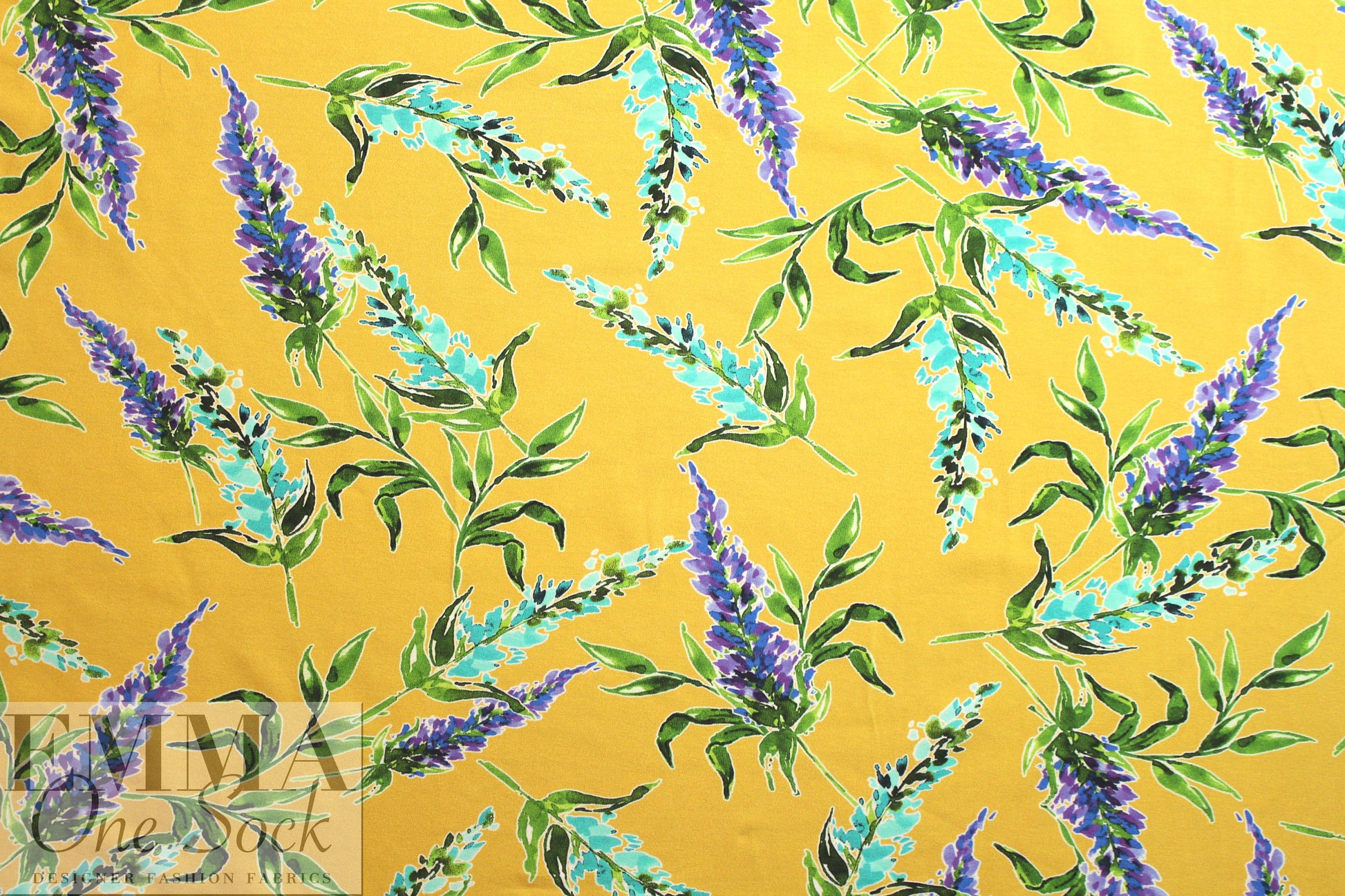 Dutch digital 'lupines on mustard' knit Oeko-Tex certified