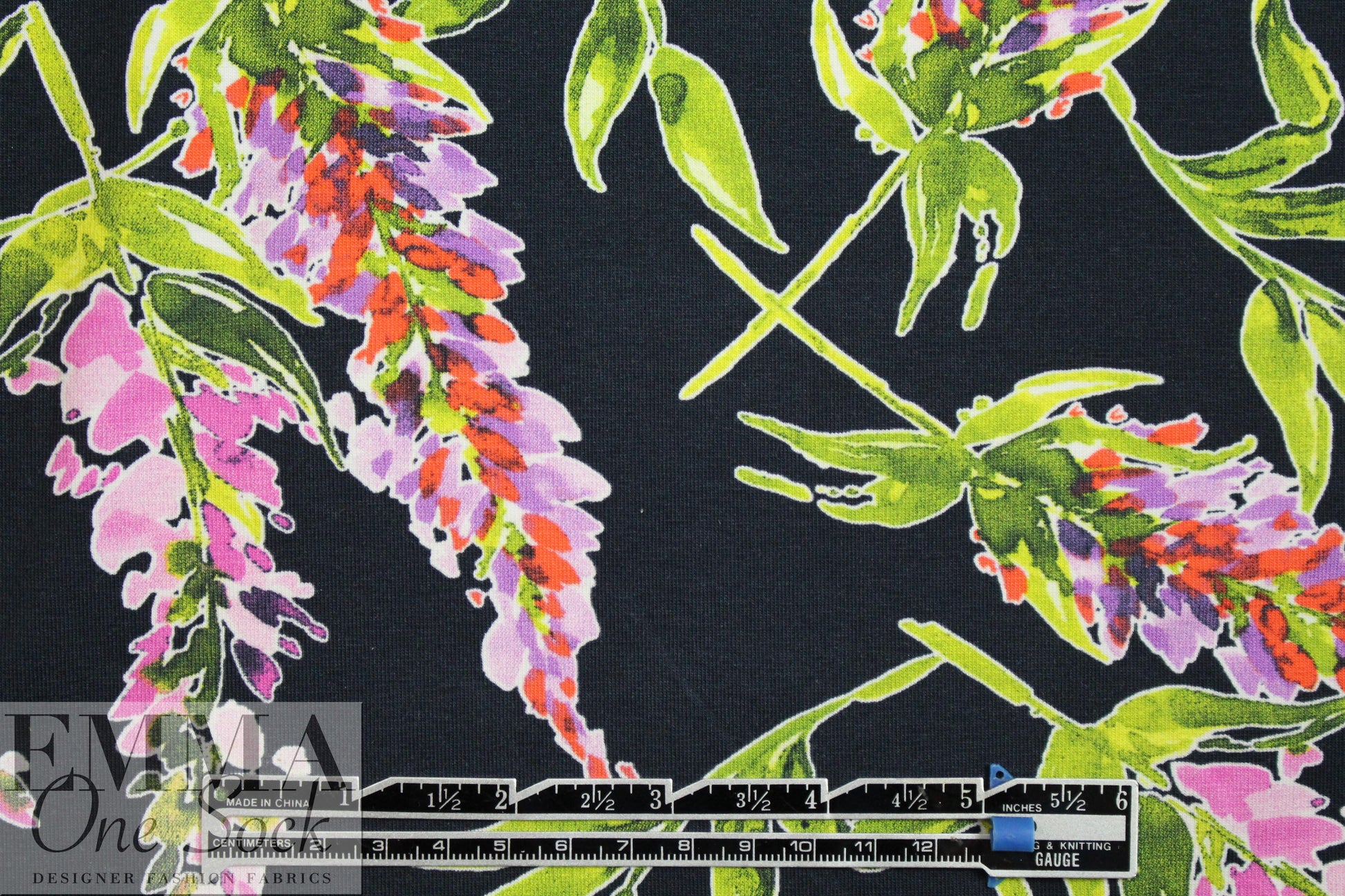 Dutch digital 'lupines on black' knit Oeko-Tex certified 1.625 yds