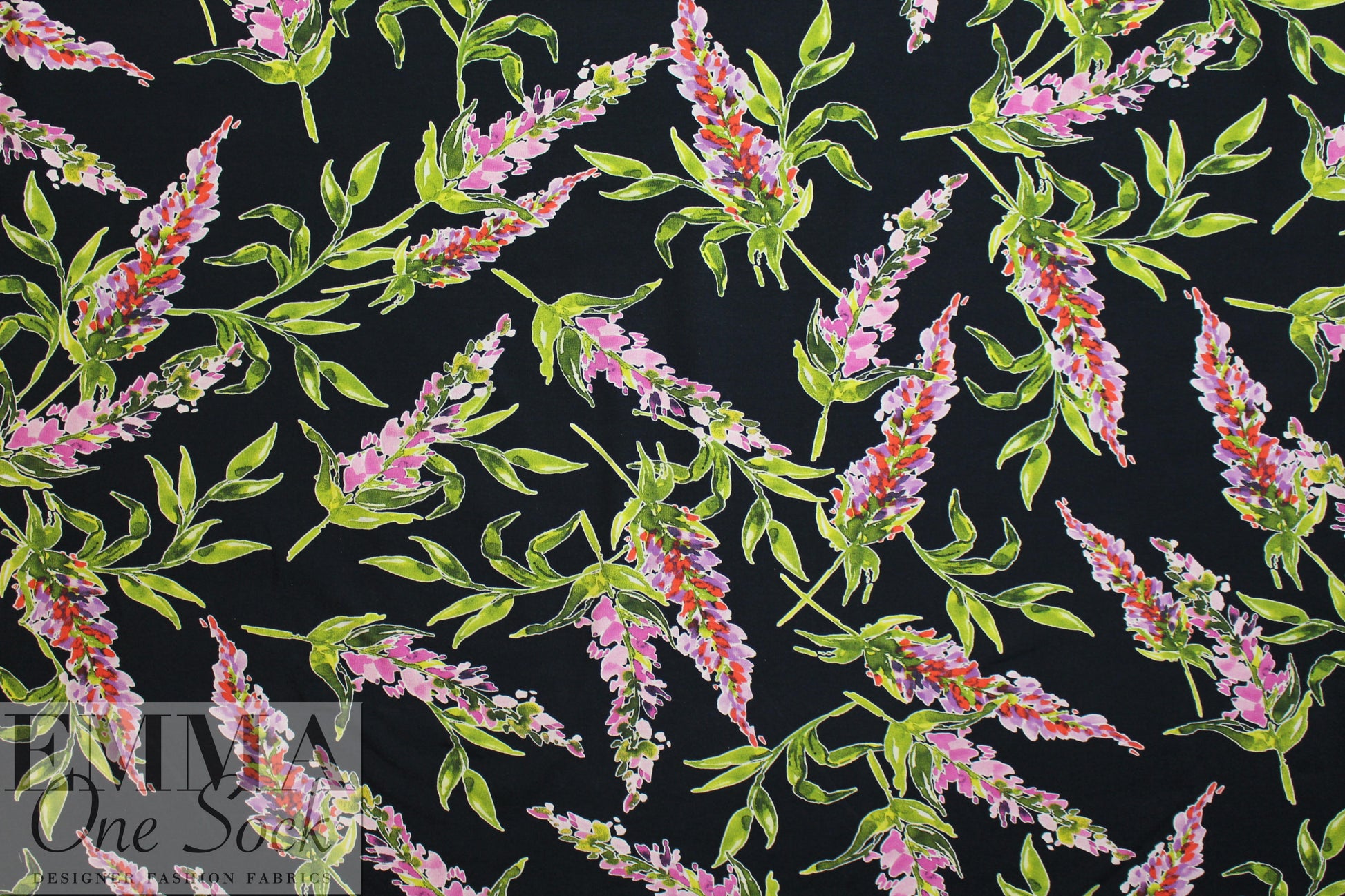 Dutch digital 'lupines on black' knit Oeko-Tex certified