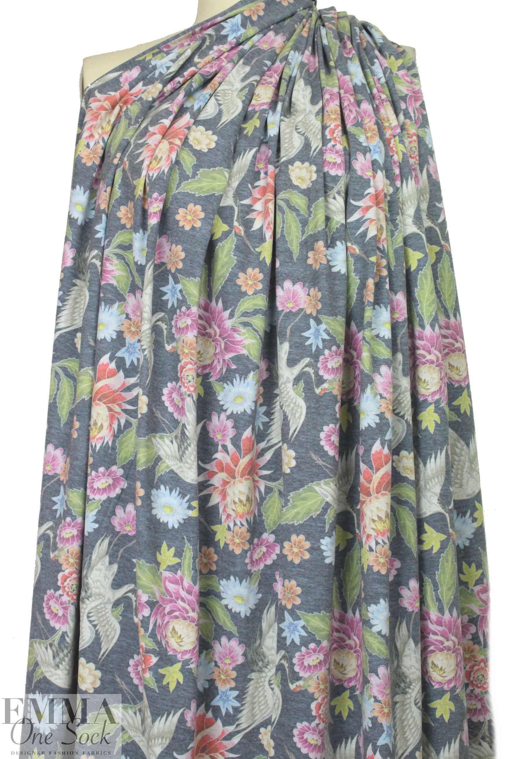 Dutch digital charcoal aviary floral cotton/lycra knit