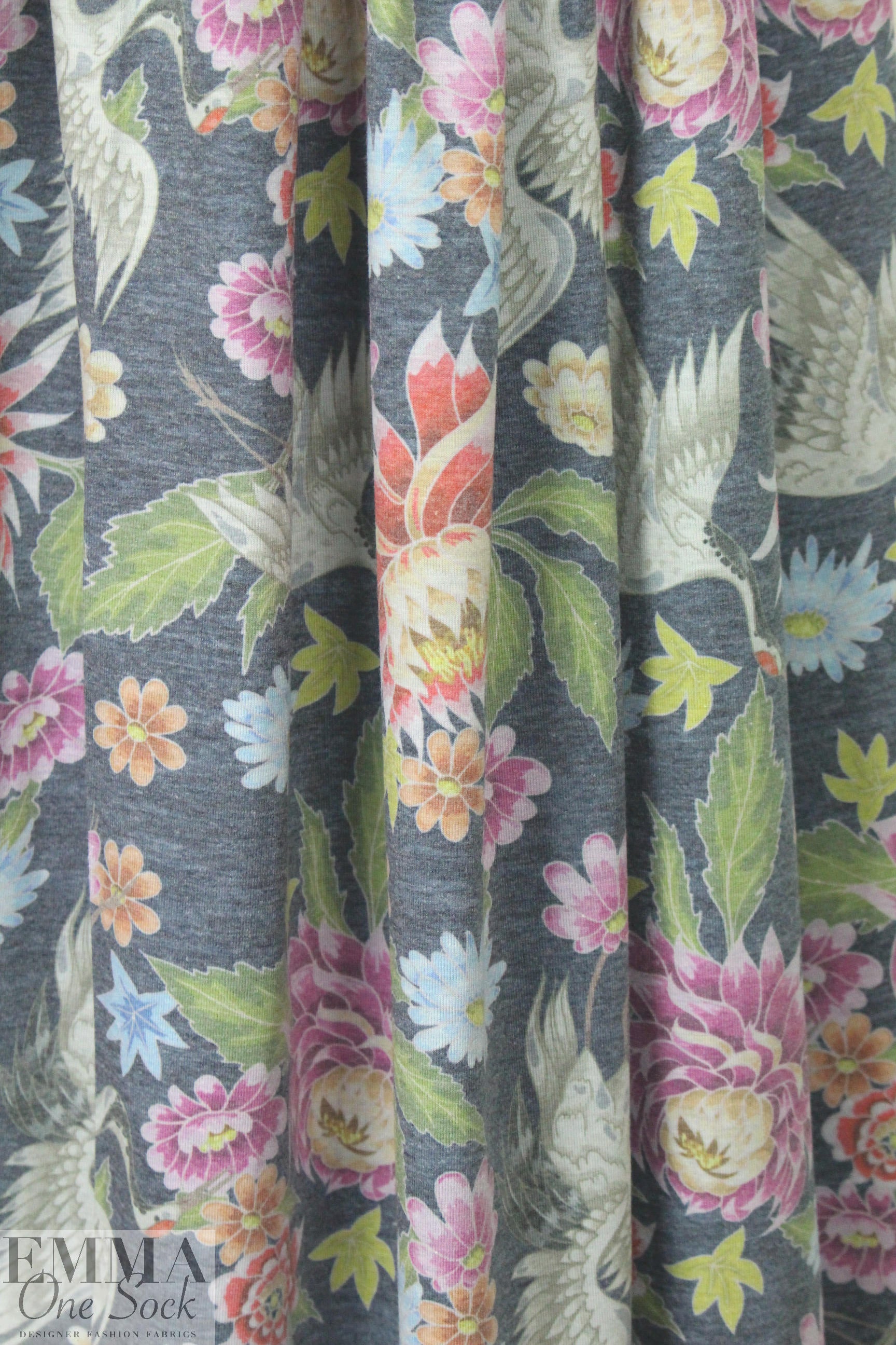 Dutch digital charcoal aviary floral cotton/lycra knit  1.75 yds
