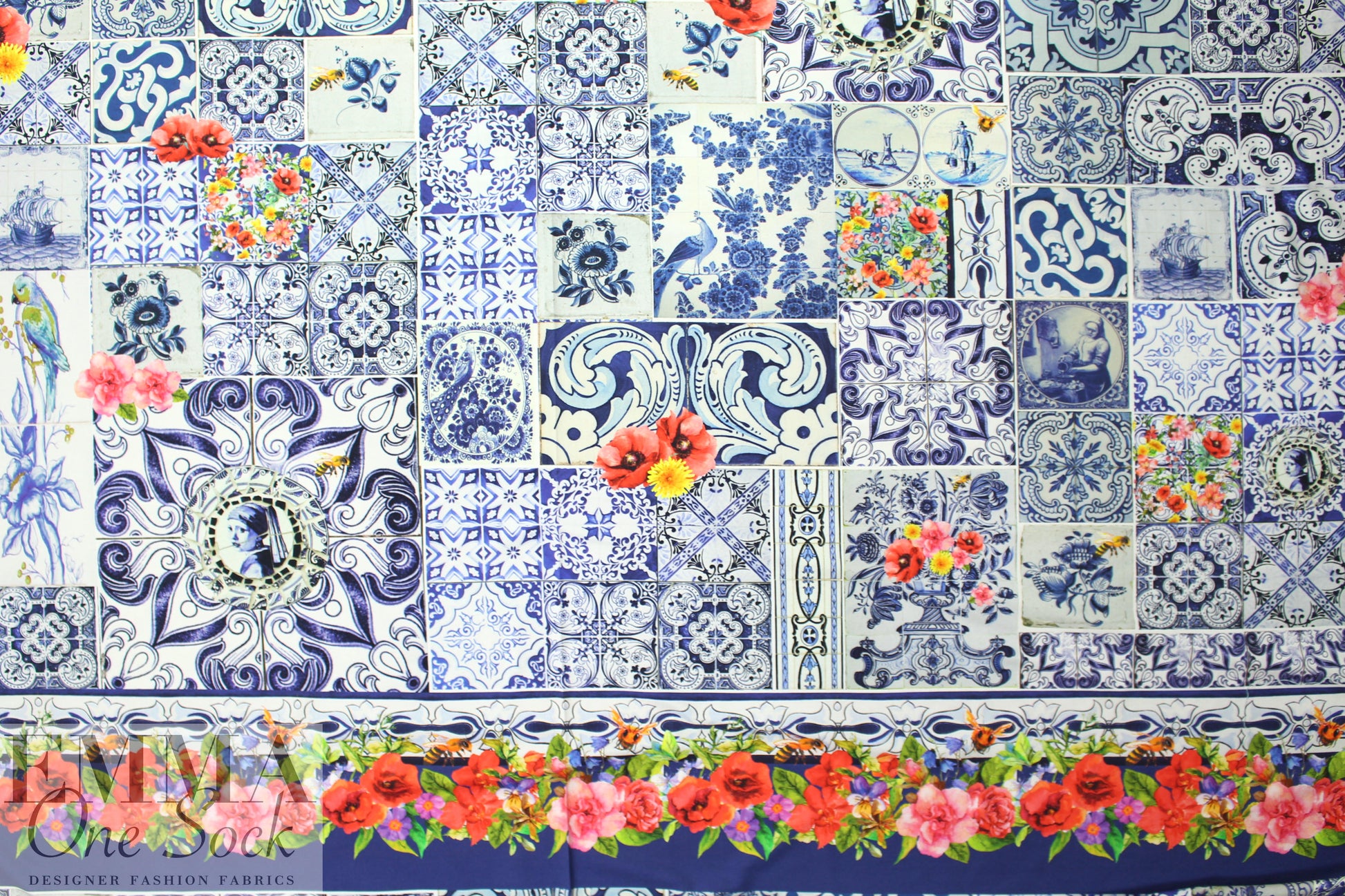 Dutch digital 'Delft tile' cotton/lycra knit panel 1.25 yds