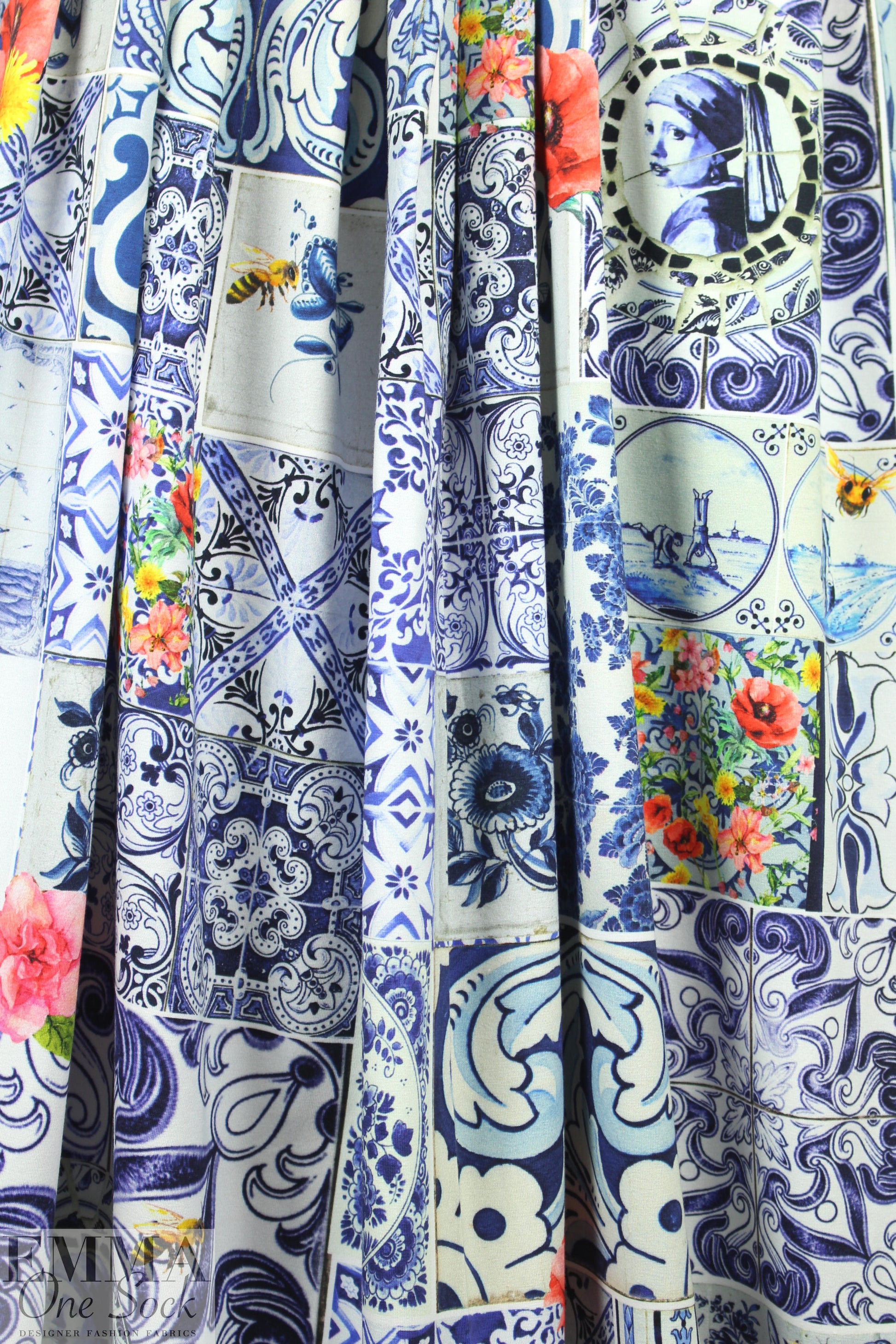 Dutch digital 'Delft tile' cotton/lycra knit panel