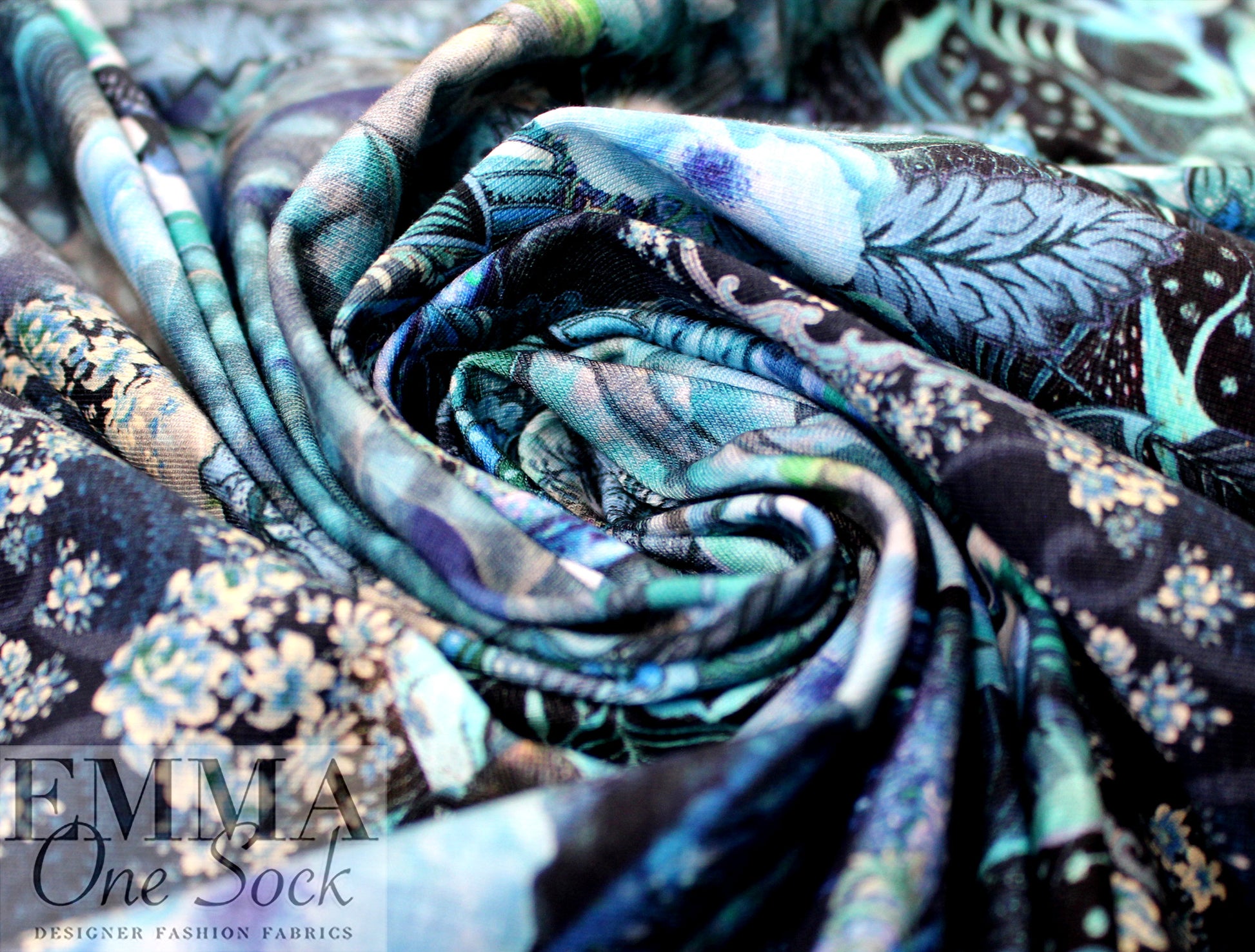 Dutch digital 'blue rose odyssey' cotton knit Oeko-Tex cert. 1.75 yds