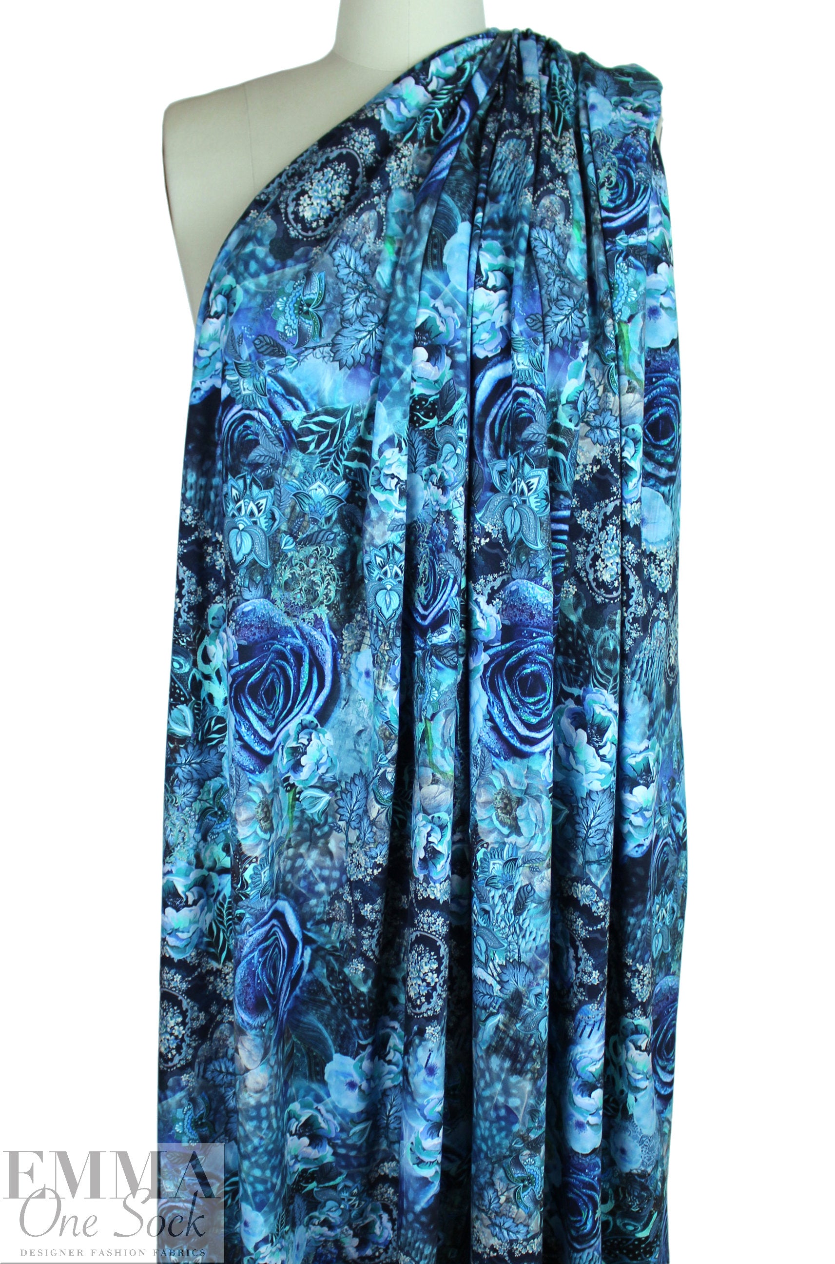 Dutch digital 'blue rose odyssey' cotton knit Oeko-Tex cert. 1.75 yds