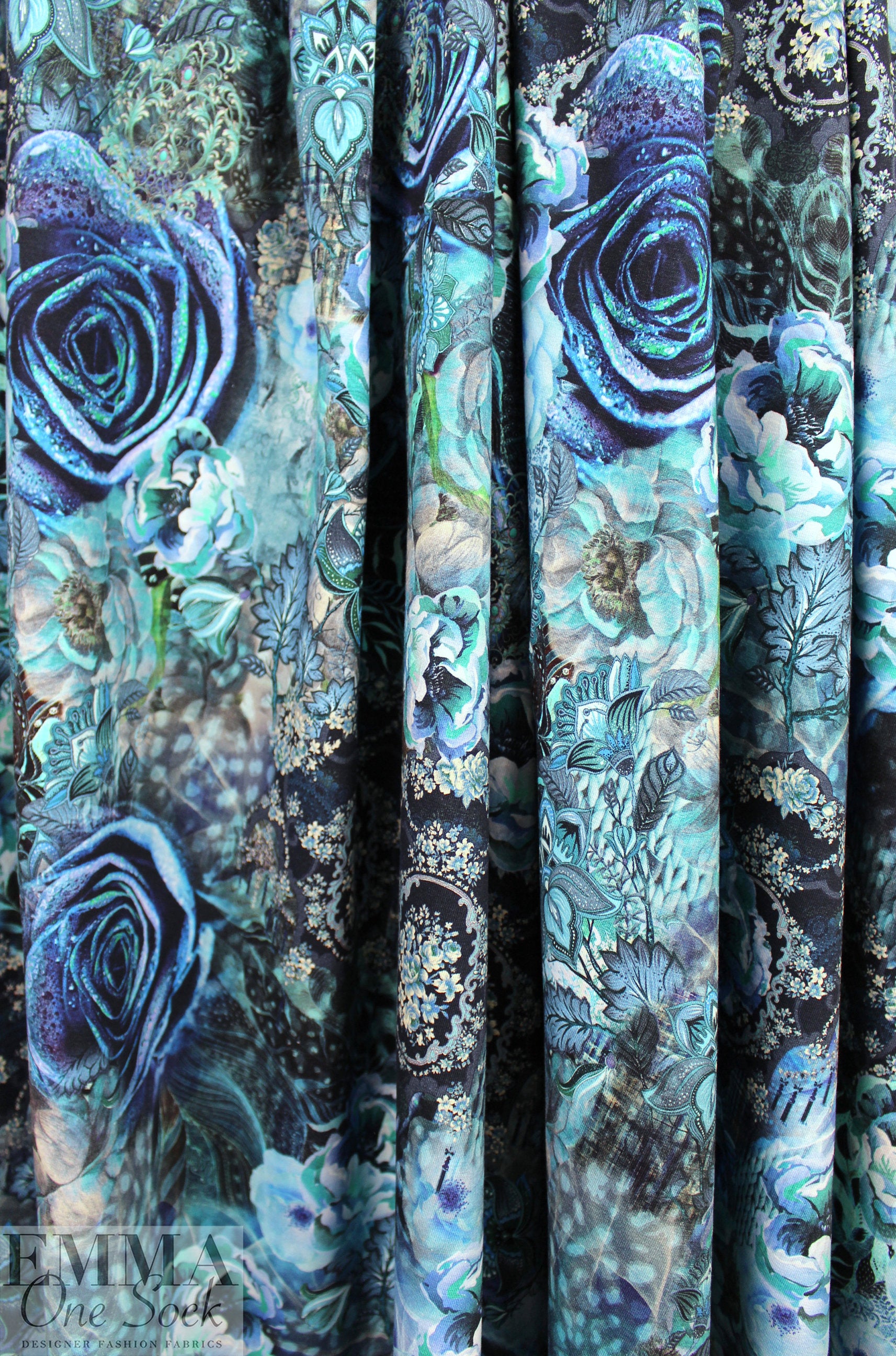 Dutch digital 'blue rose odyssey' cotton knit Oeko-Tex cert. 1.75 yds