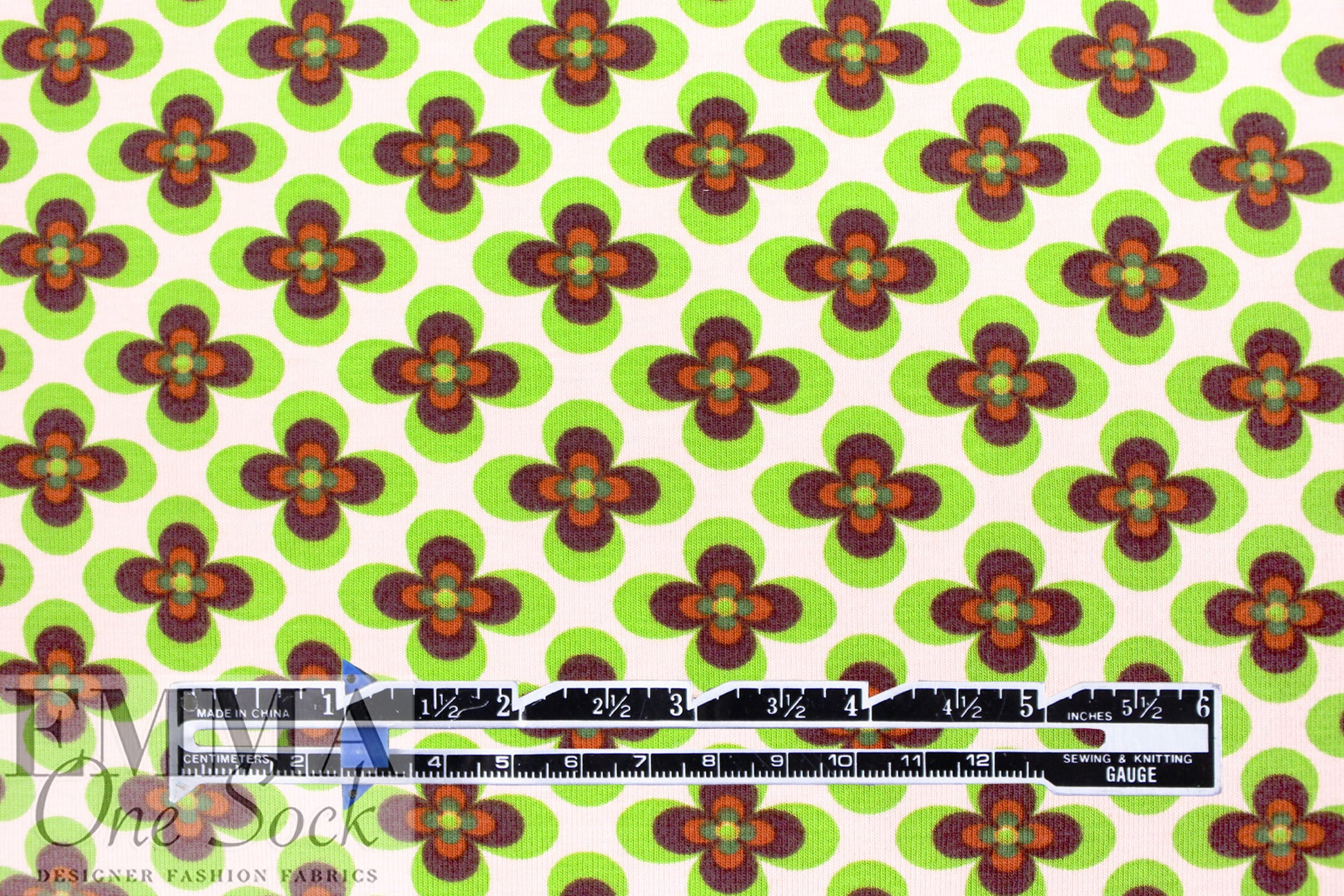 Dutch digital 'flower power' cotton knit PROMO! . - lime/cream .875 yds