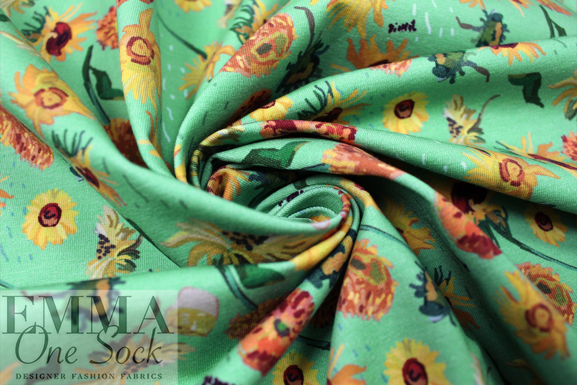 Dutch digital 'Vincent's sunflowers' cotton knit Oeko-Tex cert. .875 yds