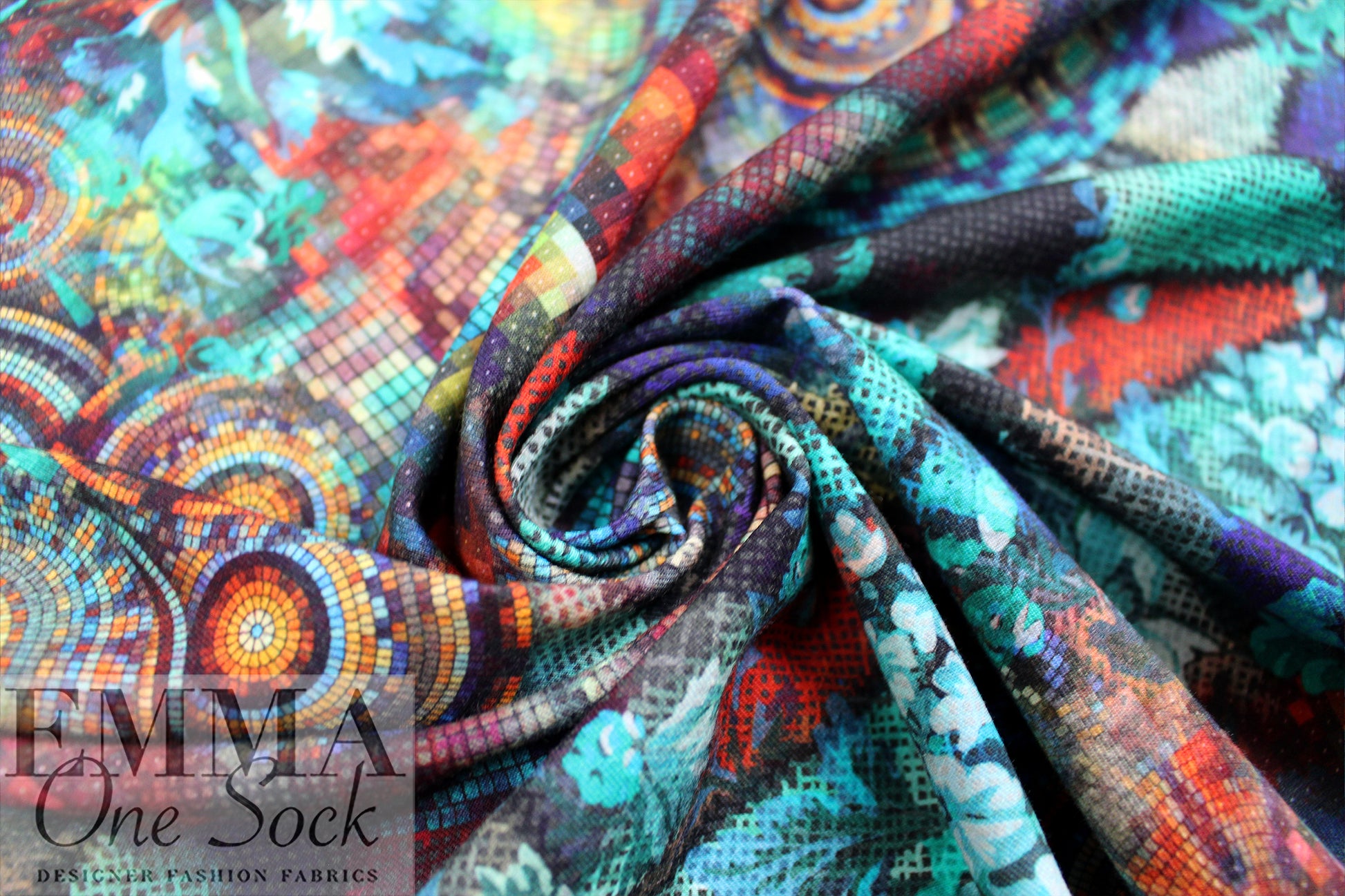 Dutch digital 'techno floral mosaic' knit Oeko-Tex cert.