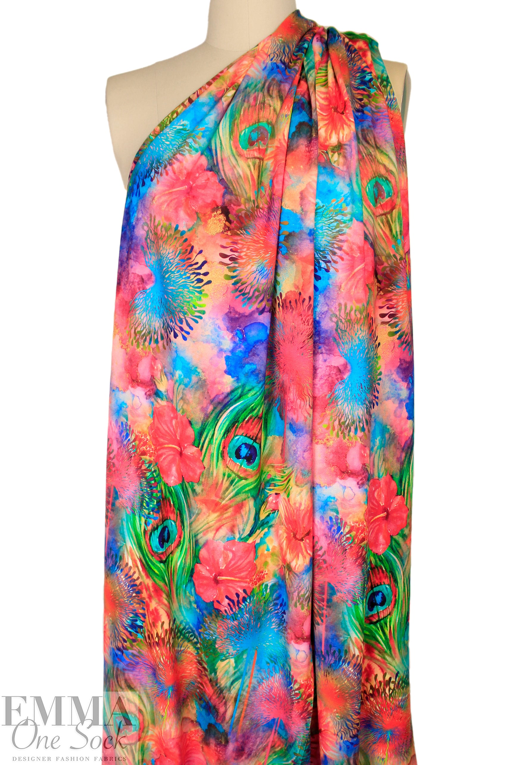 Dutch digital 'hibiscus and peacock' VISCOSE knit Oeko-Tex cert. 1.625 yd