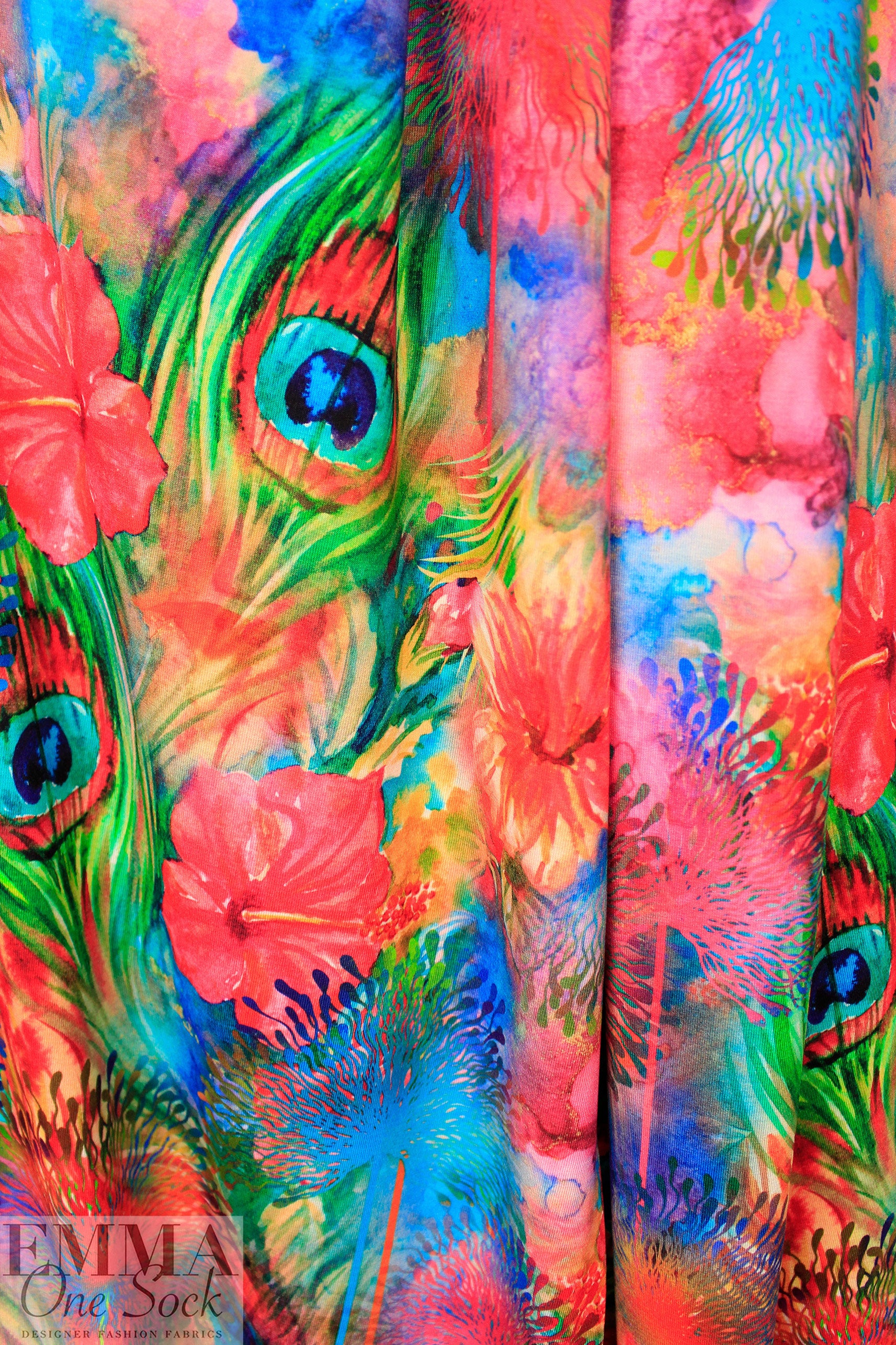 Dutch digital 'hibiscus and peacock' VISCOSE knit Oeko-Tex cert. .5 yds