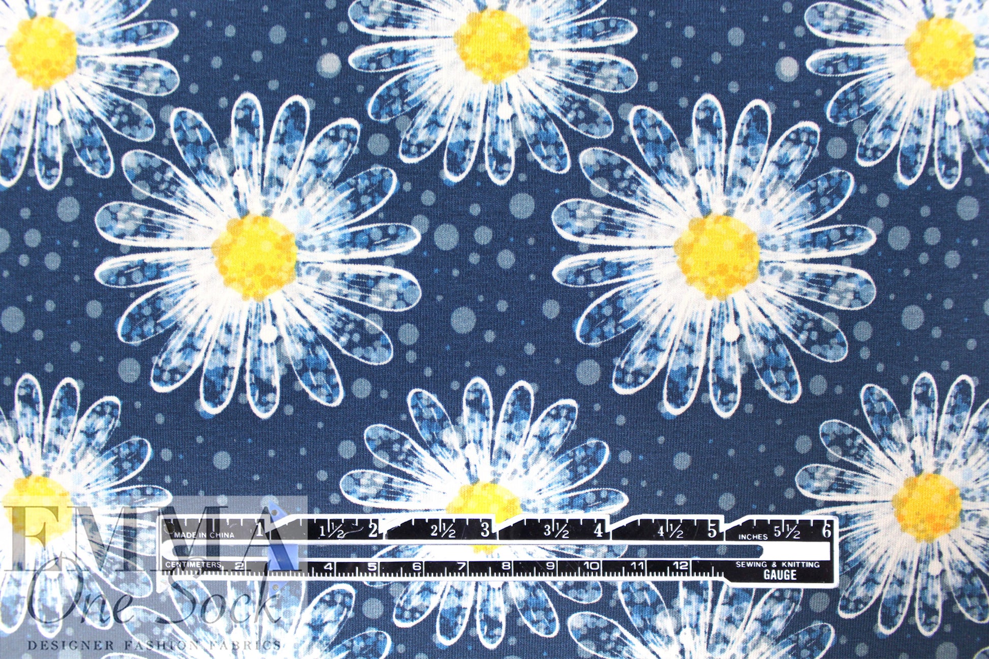Dutch digital 'daisy shower' cotton knit Oeko-Tex cert. - denim blue .875 yds