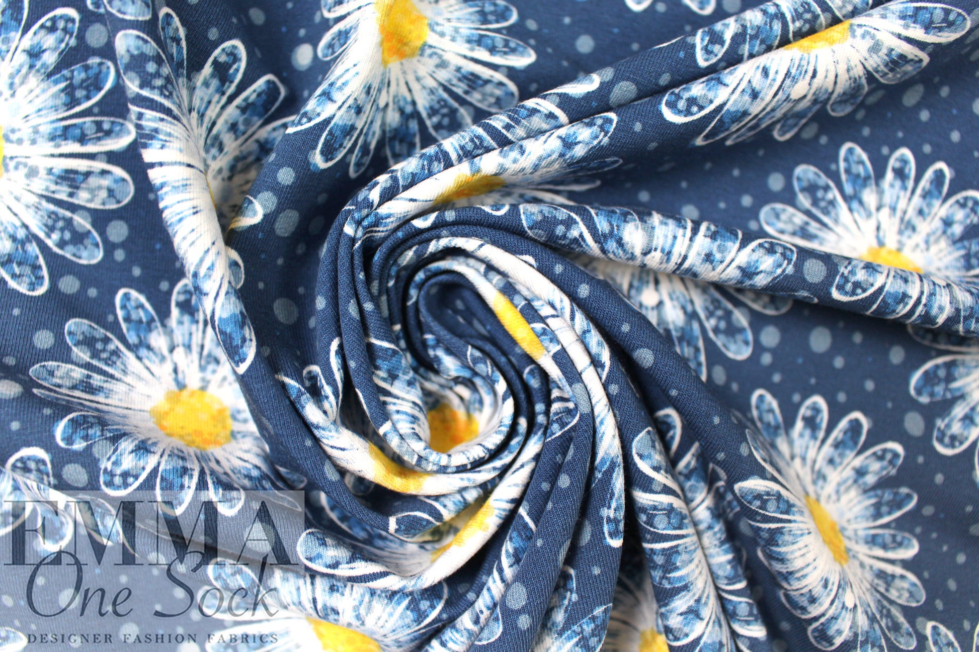 Dutch digital 'daisy shower' cotton knit Oeko-Tex cert. - denim blue .875 yds