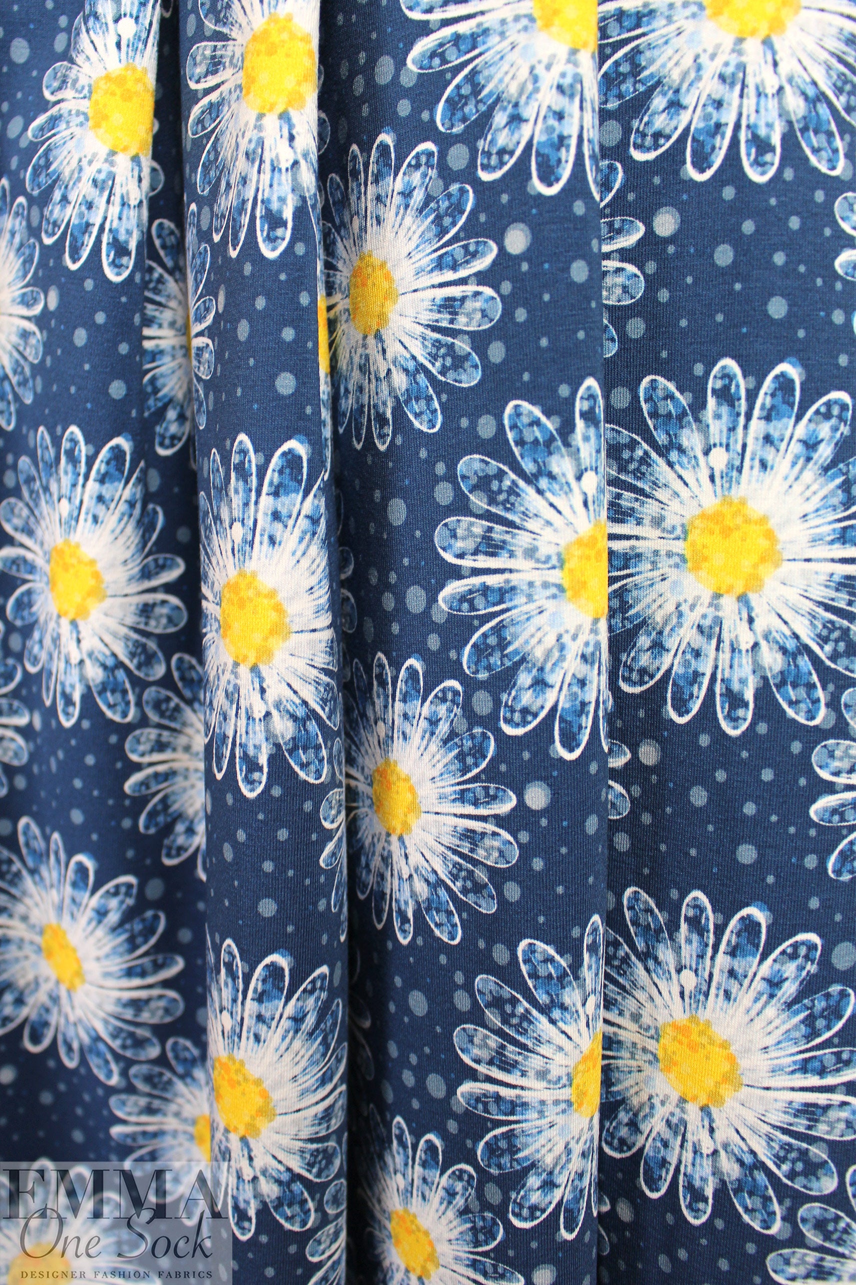 Dutch digital 'daisy shower' cotton knit Oeko-Tex cert. - denim blue .875 yds
