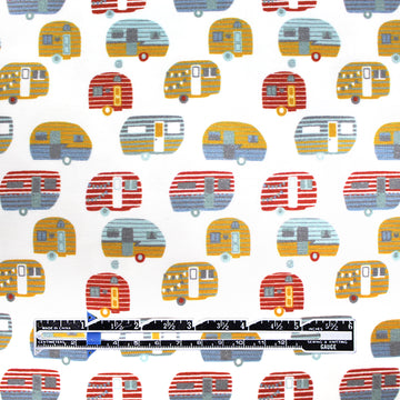 Dutch digital 'happy camper' cotton knit Oeko-Tex cert. - gold/paprika 1.125 yds