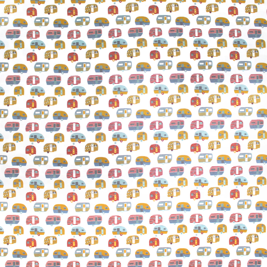 Dutch digital 'happy camper' cotton knit Oeko-Tex cert. - gold/paprika 1.125 yds