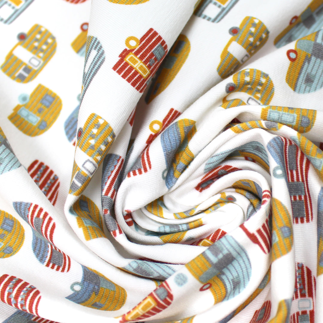Dutch digital 'happy camper' cotton knit Oeko-Tex cert. - gold/paprika 1.25 yds