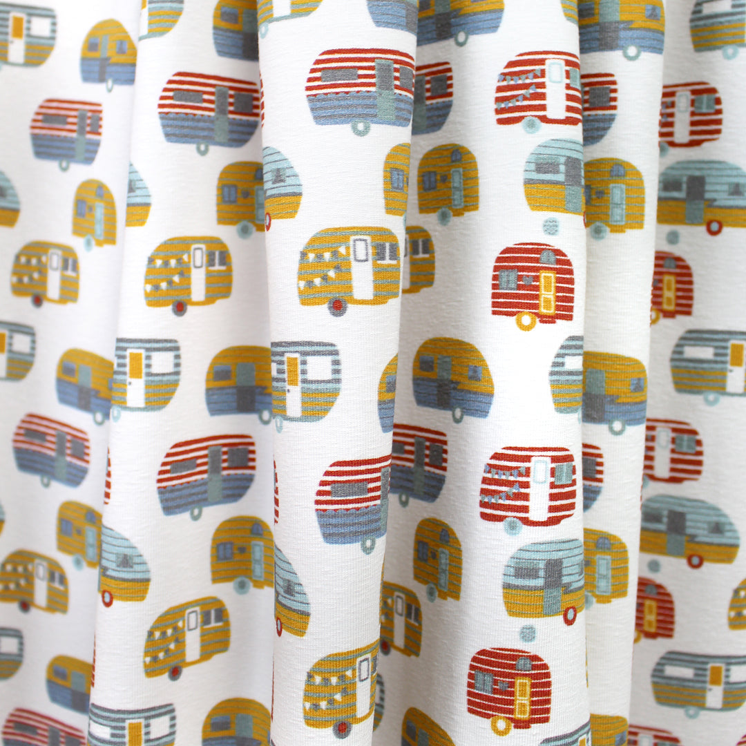 Dutch digital 'happy camper' cotton knit Oeko-Tex cert. - gold/paprika 1.125 yds