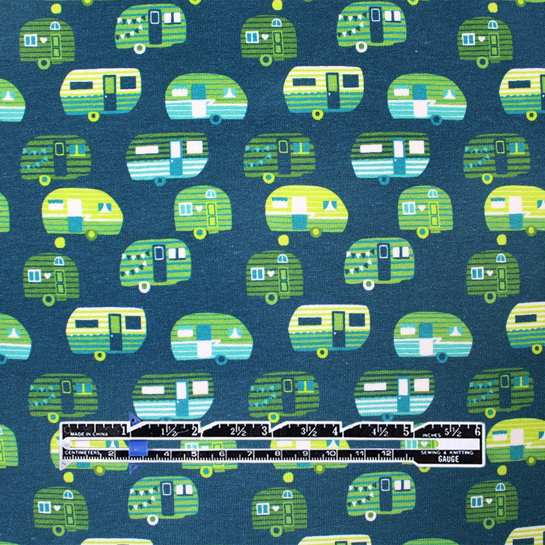 Dutch digital 'happy camper' cotton knit Oeko-Tex cert. - basil/teal 1.125 yds