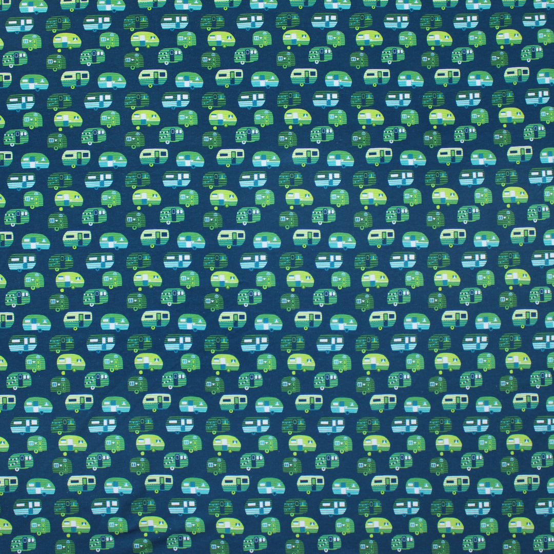 Dutch digital 'happy camper' cotton knit Oeko-Tex cert. - basil/teal 1.125 yds