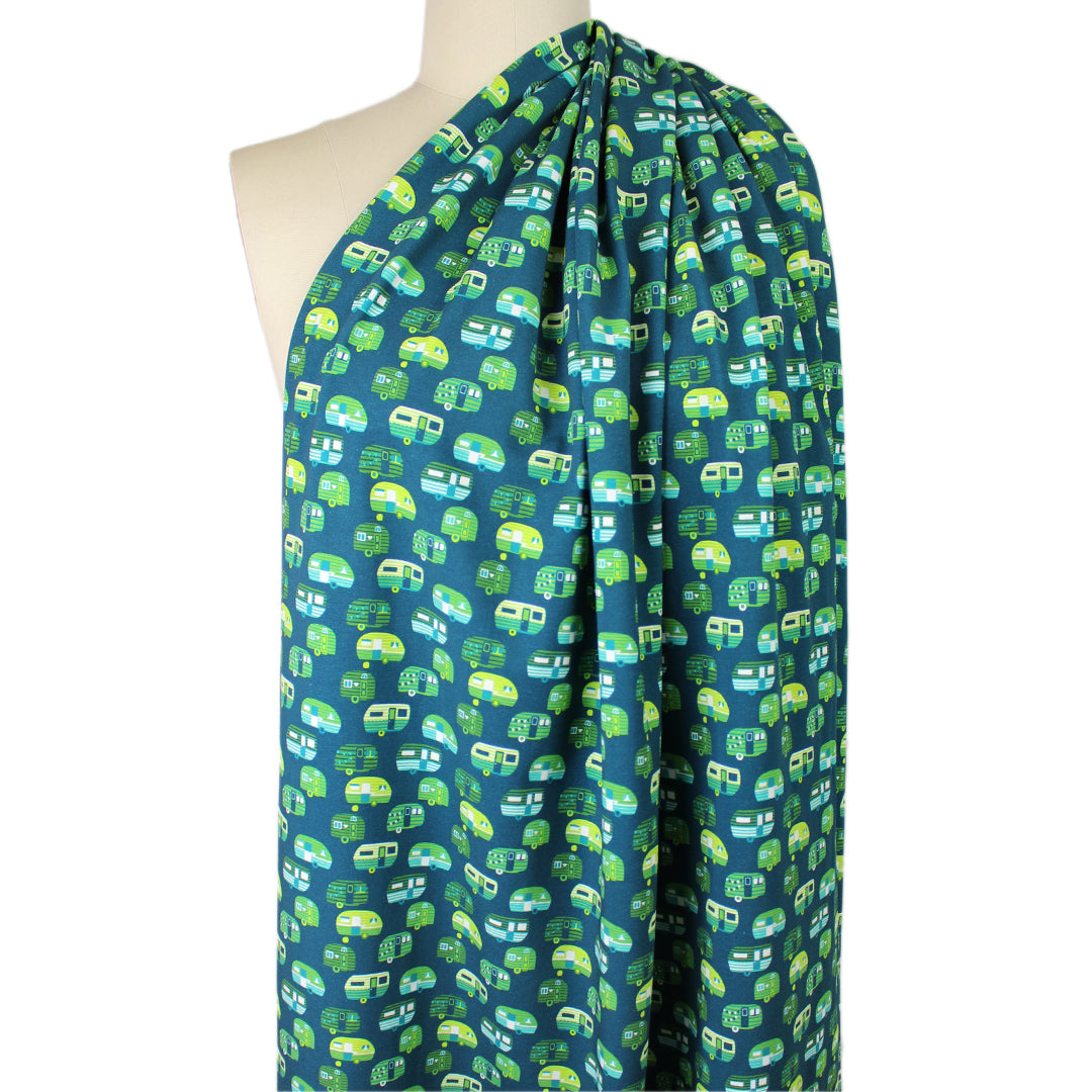 Dutch digital 'happy camper' cotton knit Oeko-Tex cert. - basil/teal 1.625 yd
