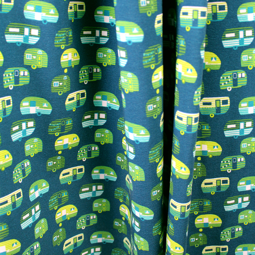 Dutch digital 'happy camper' cotton knit Oeko-Tex cert. - basil/teal 1.625 yd