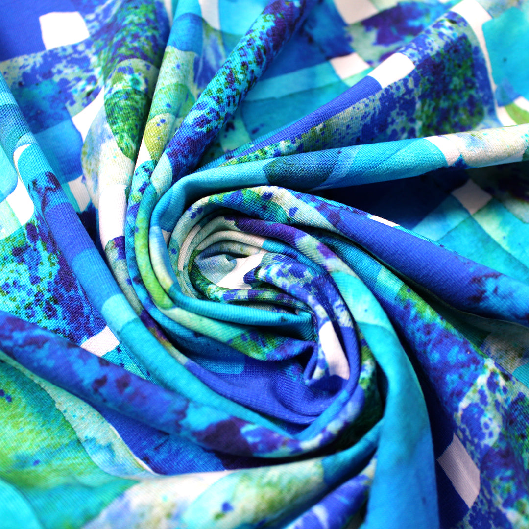 Dutch 'tinted geometry' cotton knit Oeko-Tex cert. - ocean/sky 1.25 yd