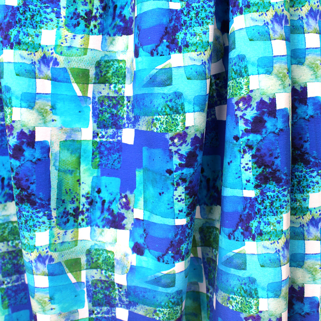 Dutch 'tinted geometry' cotton knit Oeko-Tex cert. - ocean/sky 1.25 yd