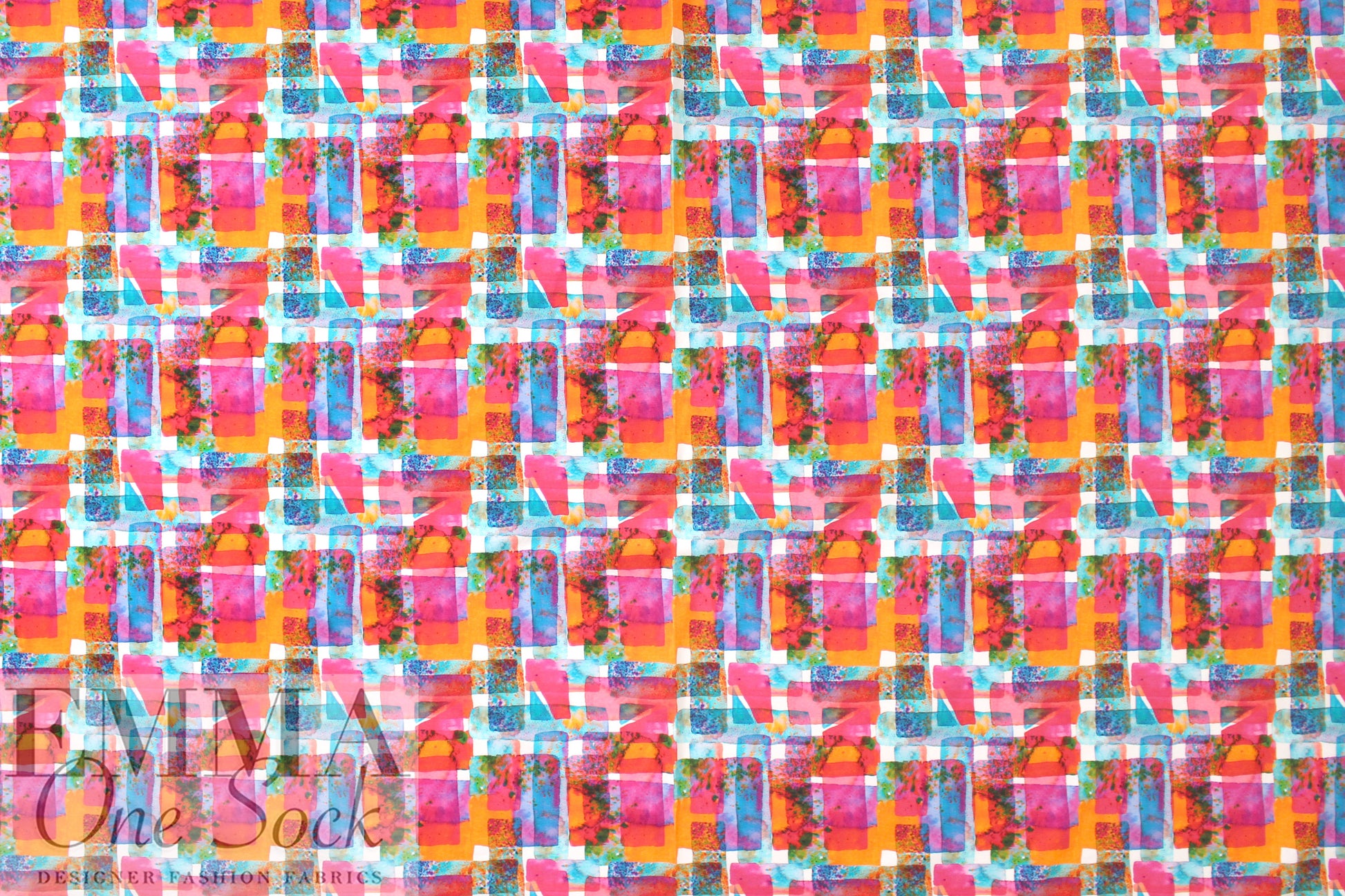Dutch digital 'tinted geometry' cotton knit Oeko-Tex cert. - clementine/rose 2 yd